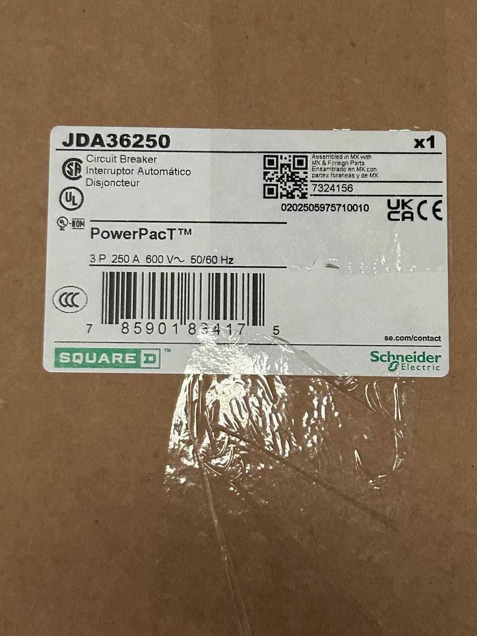 Square D JDA36250 Circuit Breaker – 250A, 3P, 600VAC, 14kA, Made in Mexico