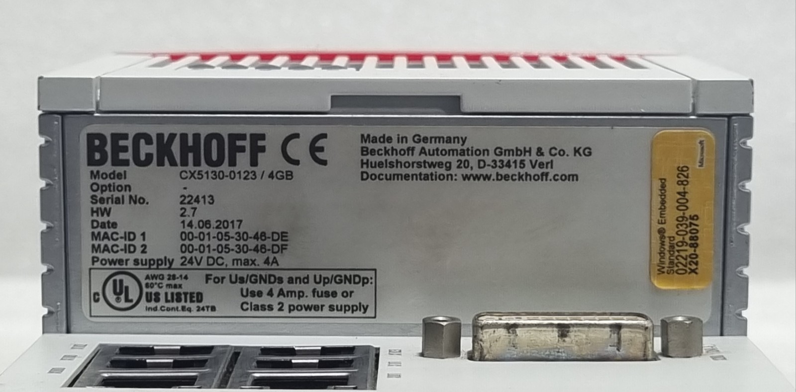 Beckhoff CX5130-0123 / 4GB Embedded PC Processor Intel Atom 24V DC 4A CX5130