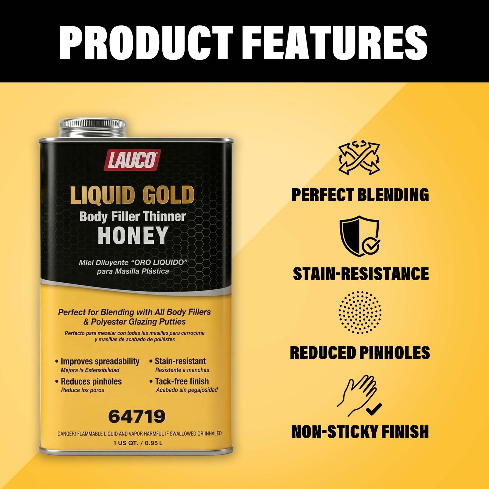 LAUCO Liquid Gold Body Filler Thinner Honey, Bridges Holes, Water Resistant