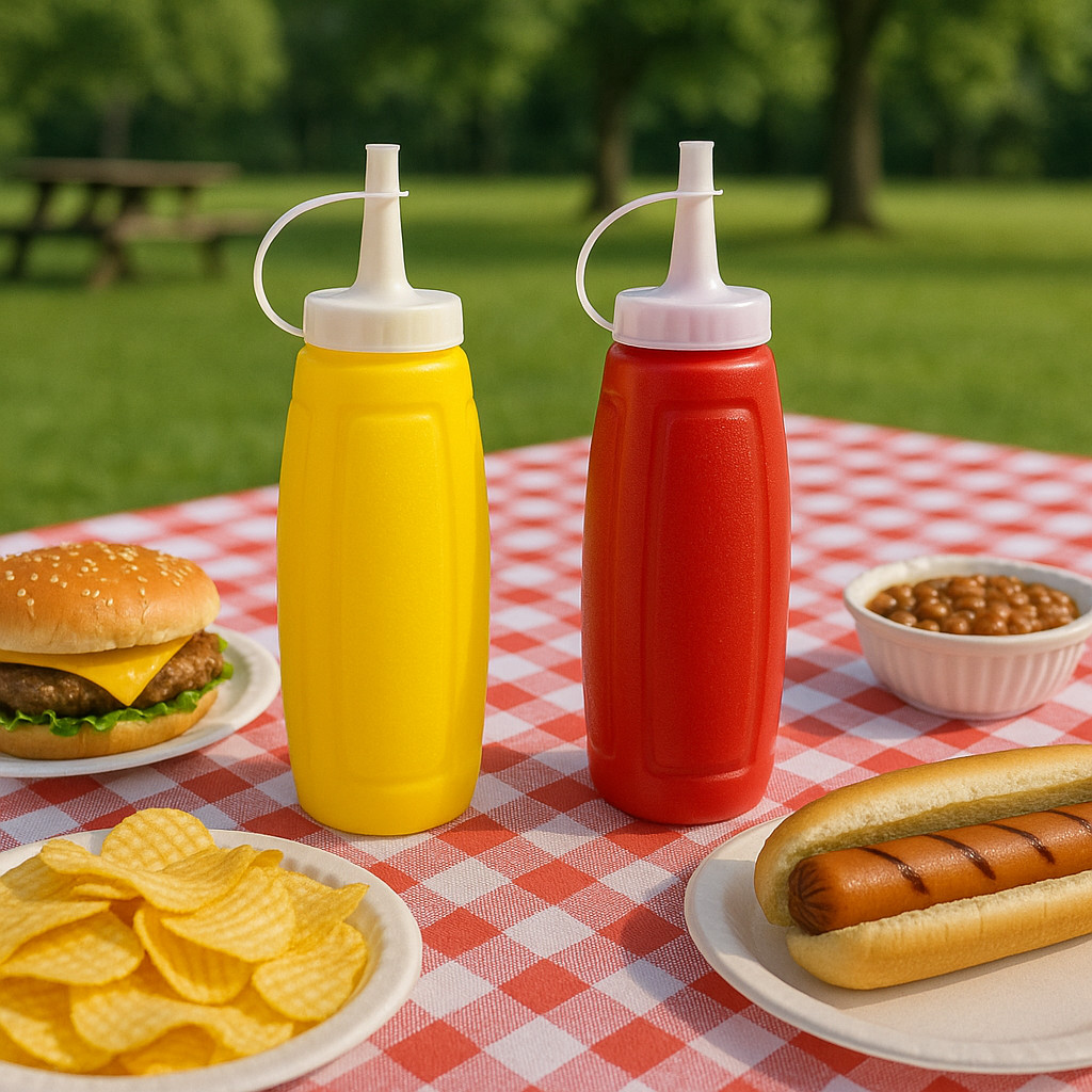 2 Piece Plastic Squeeze Mustard Ketchup Salad Dressing Condiment Set with Cap