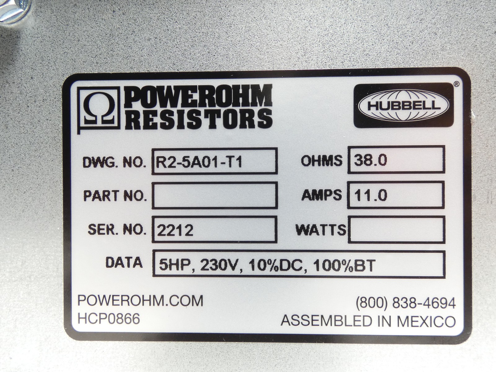 Powerohm Hubbell HCP0866 R2-5A01-T1 Dynamic Braking Resistor 38.0 OHMS 11.0A …