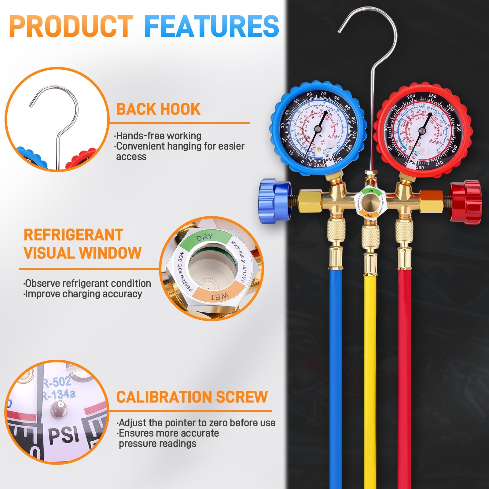 HVAC AC 3‑Way Manifold Gauge Set With 5ft Hoses R134a R12 R22 R502 Tool Kit