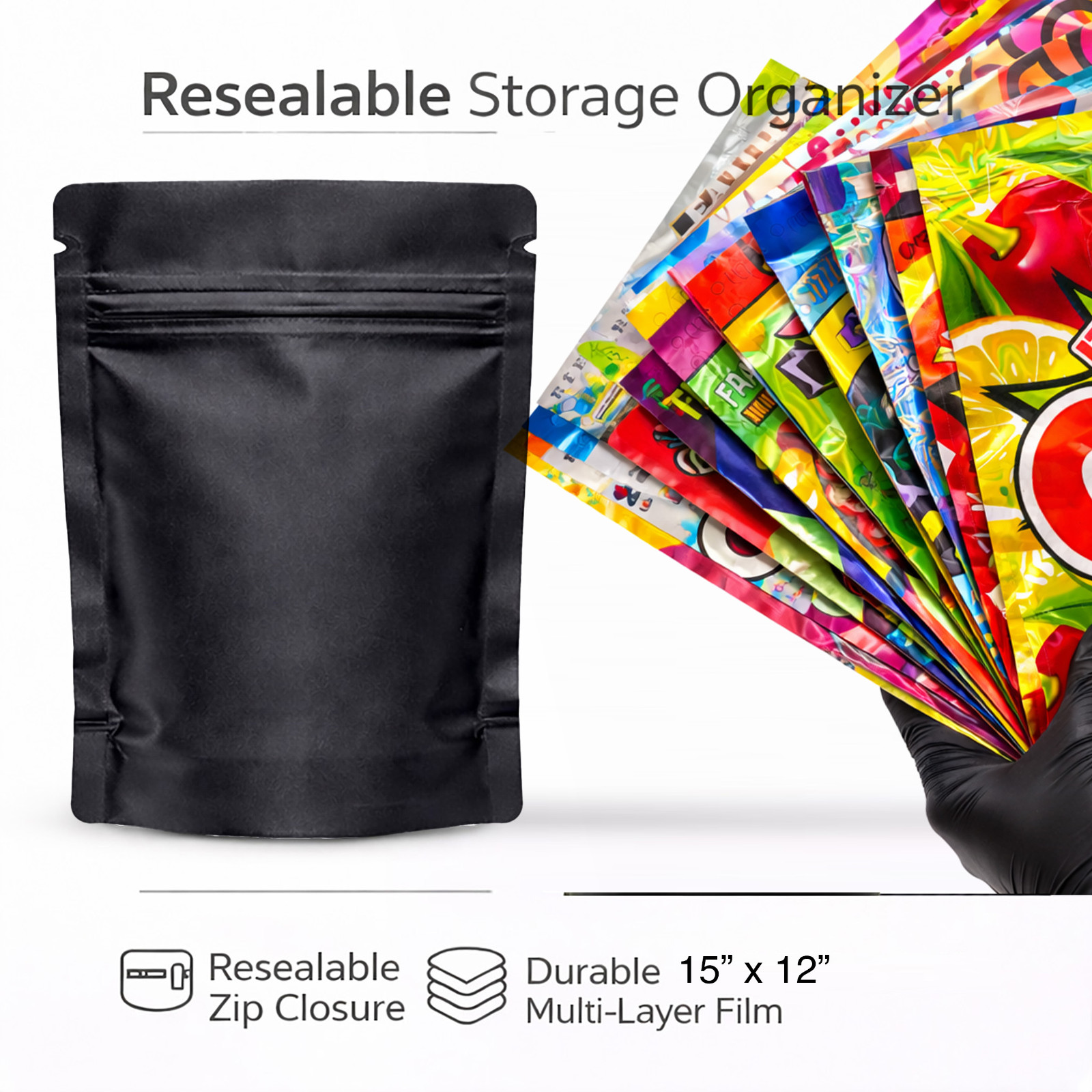 12 Pack 1lb Mylar Bags Assorted Designs 1 pound Smell Proof Resealable Zip bag