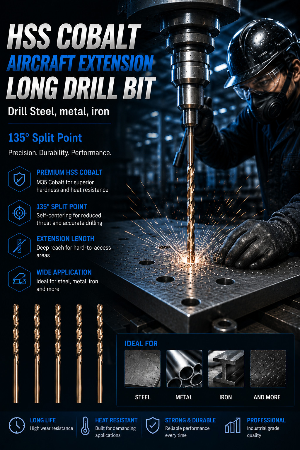 1/4″X6″ HSS Cobalt Drill Bit Set Aircraft Extension Long Deep Hole Drills-3Pcs