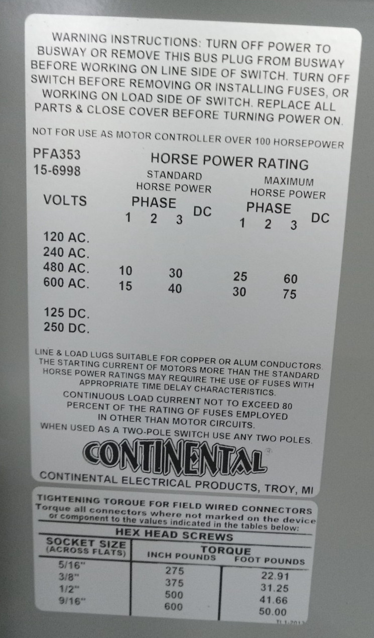 Continental PFA353,3PH,3W,480V,100 AMP Bus Plug