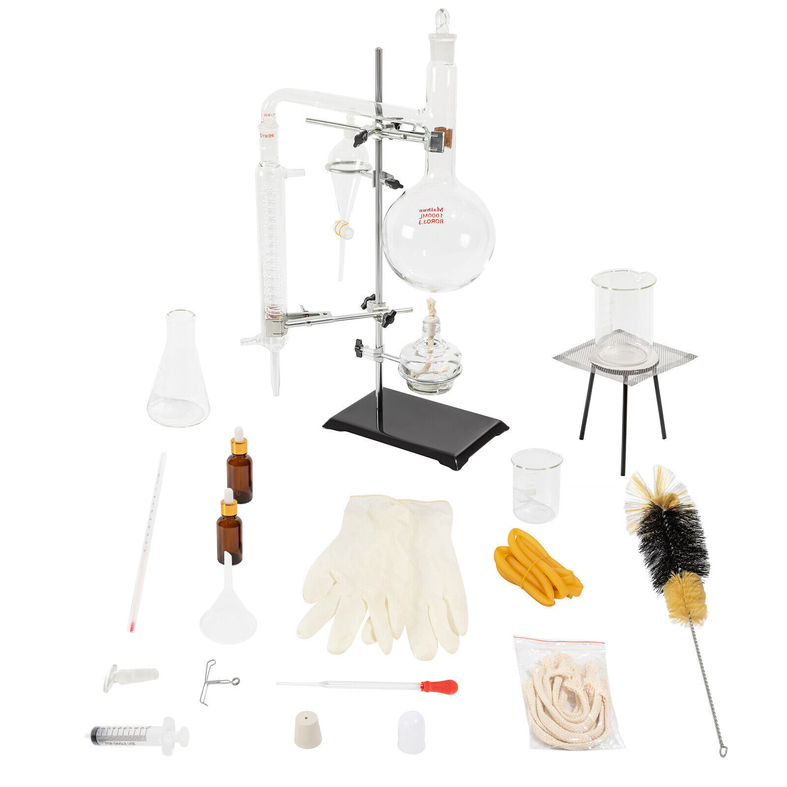 1000ml Distillation Apparatus Kit Chemistry Lab Essential Oil Distilling Glass