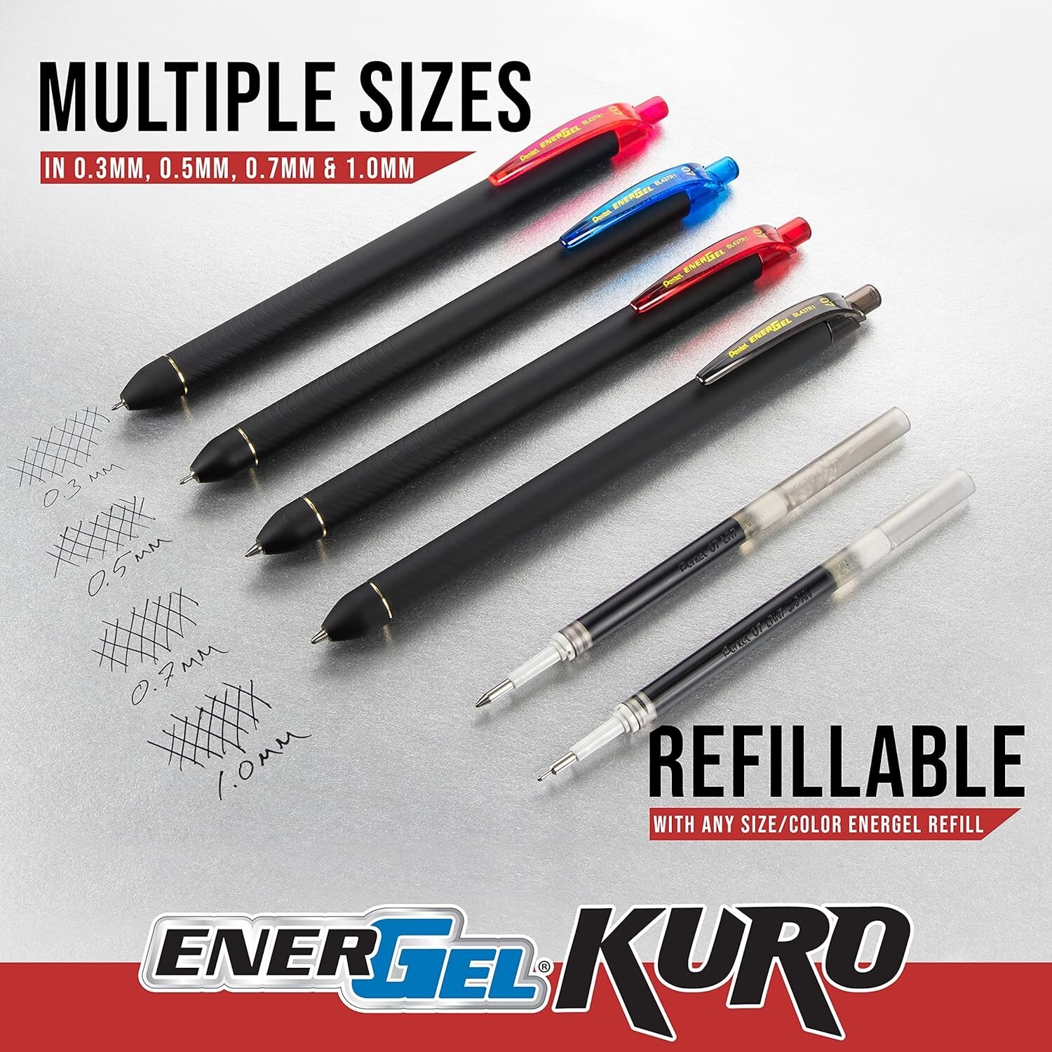 Pentel EnerGel Kuro Liquid Gel Pen, (0.7mm), Medium line, Assorted Ink, 24 Pack