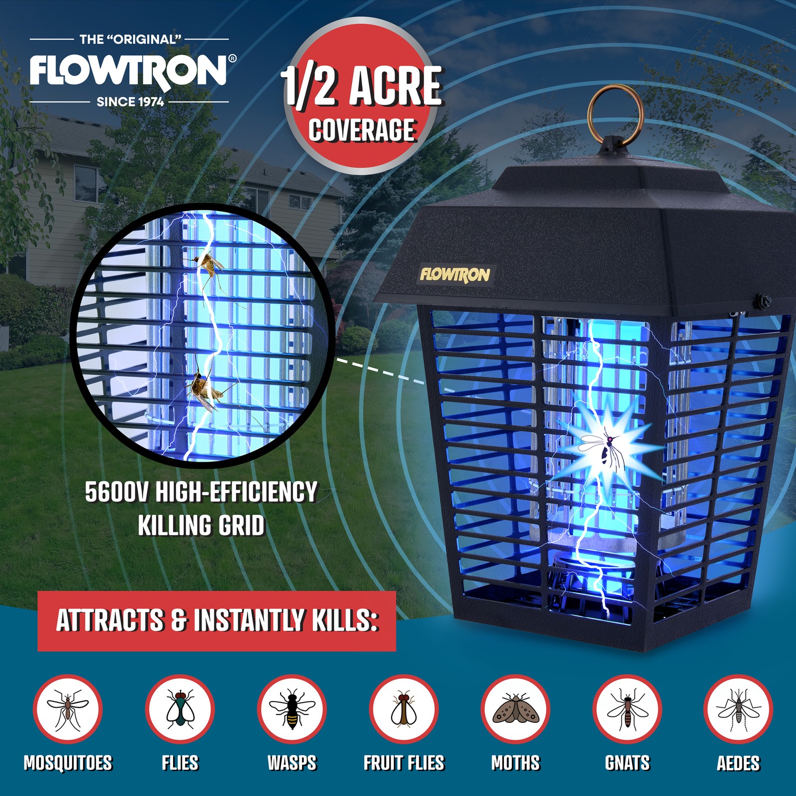 Flowtron Bug Zapper, 1/2 Acre of Coverage w/15W Bulb & 5600V Instant Killing