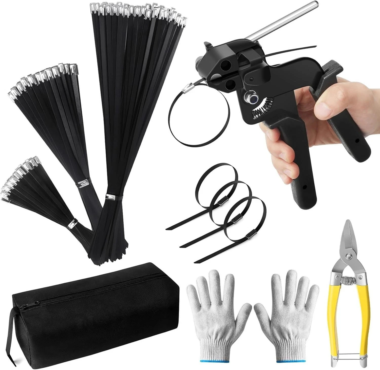 Metal Zip Ties Tool Set, Cable Tie Gun Kit with 150PCS Black Metal Zip Ties