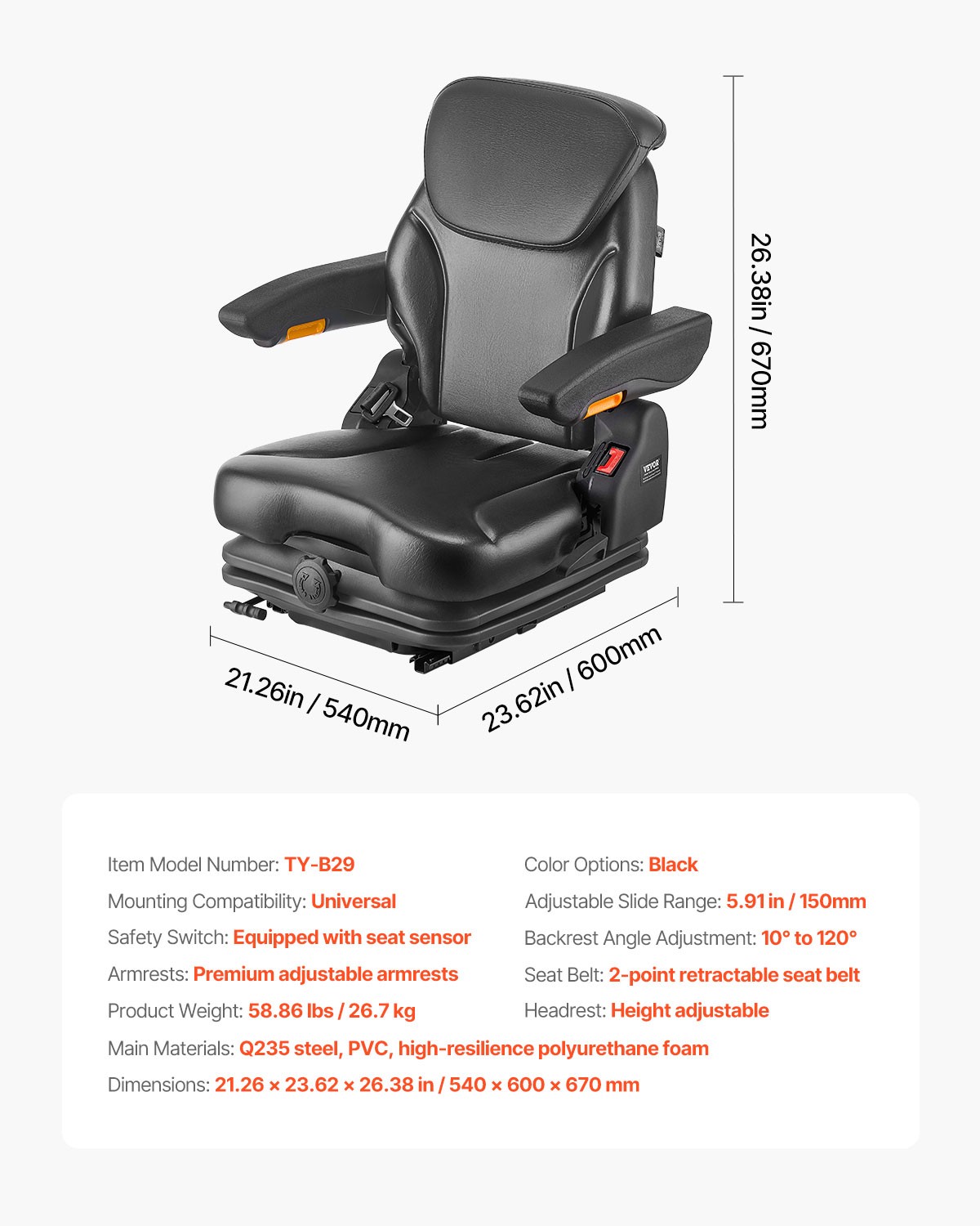 VEVOR Forklift Seat Fold Down Tractor Suspension Seat Adjustable Back & Headrest