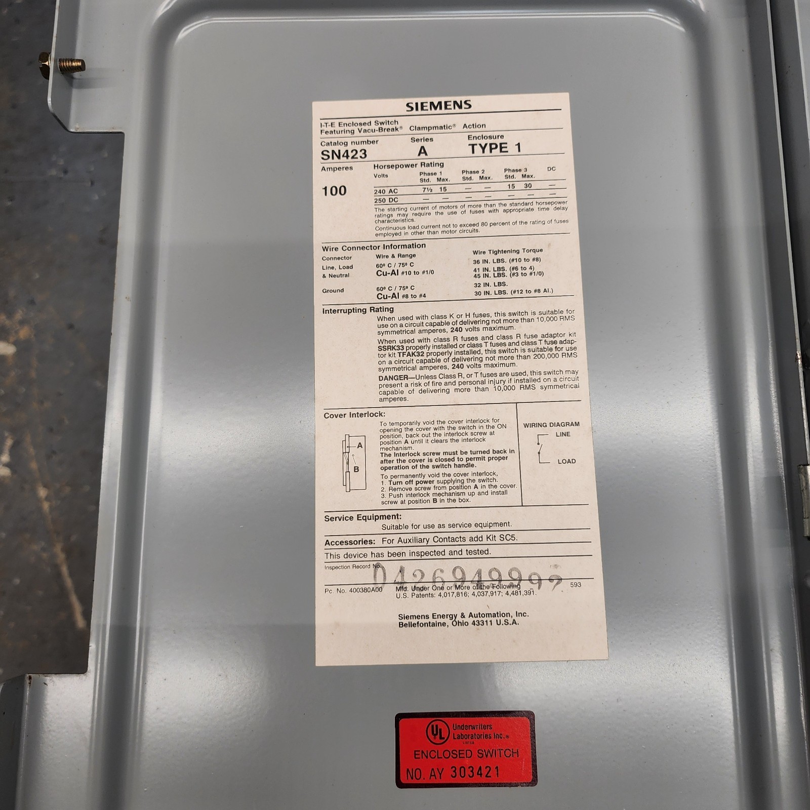 Siemens SN423 100A 240V Fusible Safety Switch Disconnect [H3S2] C#4