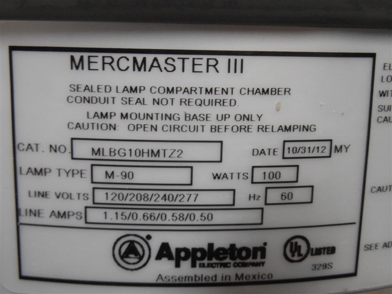 EGS / Appleton Mercmaster III 100W Metal Halide Light Fixture MLSH104G1NMTFTZ2UP