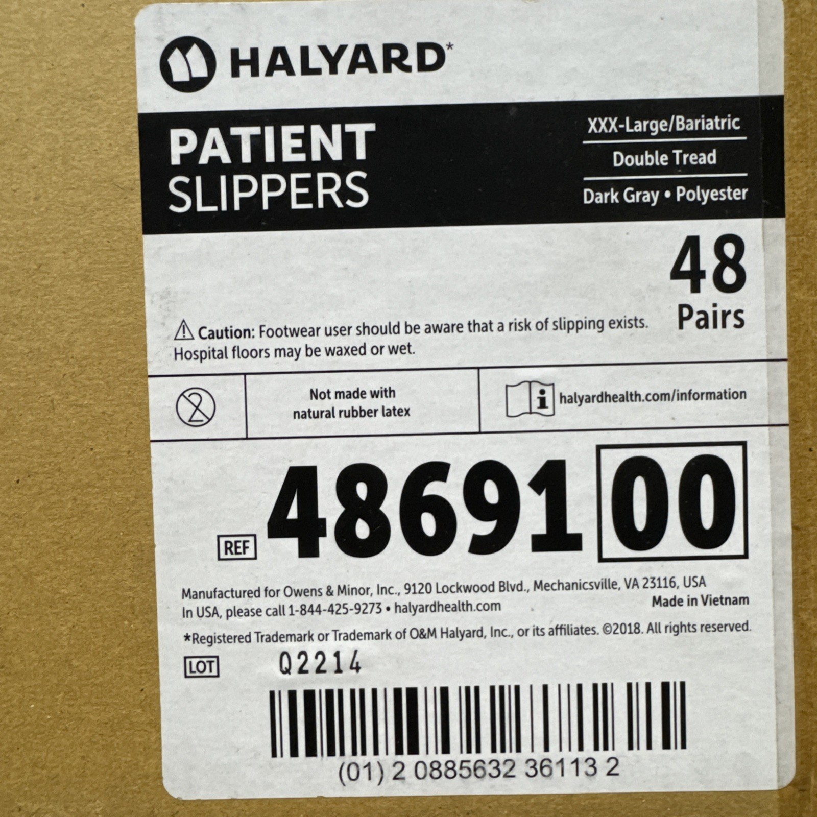 Patient Slippers, XXX-Large, Bariatric, Double Tread, Dark Grey, Polyestr, 48/CS