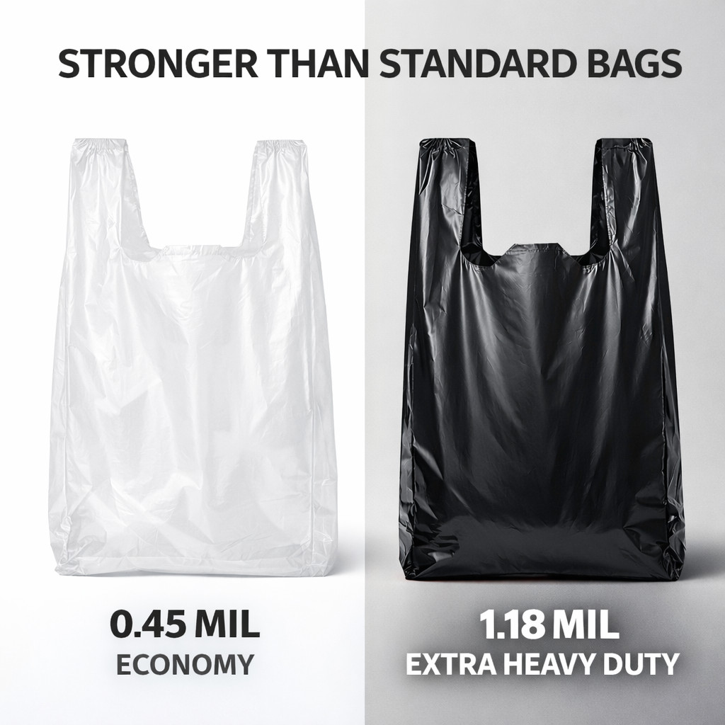 Bags 1/6 21 x 6.5 x 11.5 Extra Heavy Duty 1.18 Mil BLACK T-Shirt Plastic Grocery
