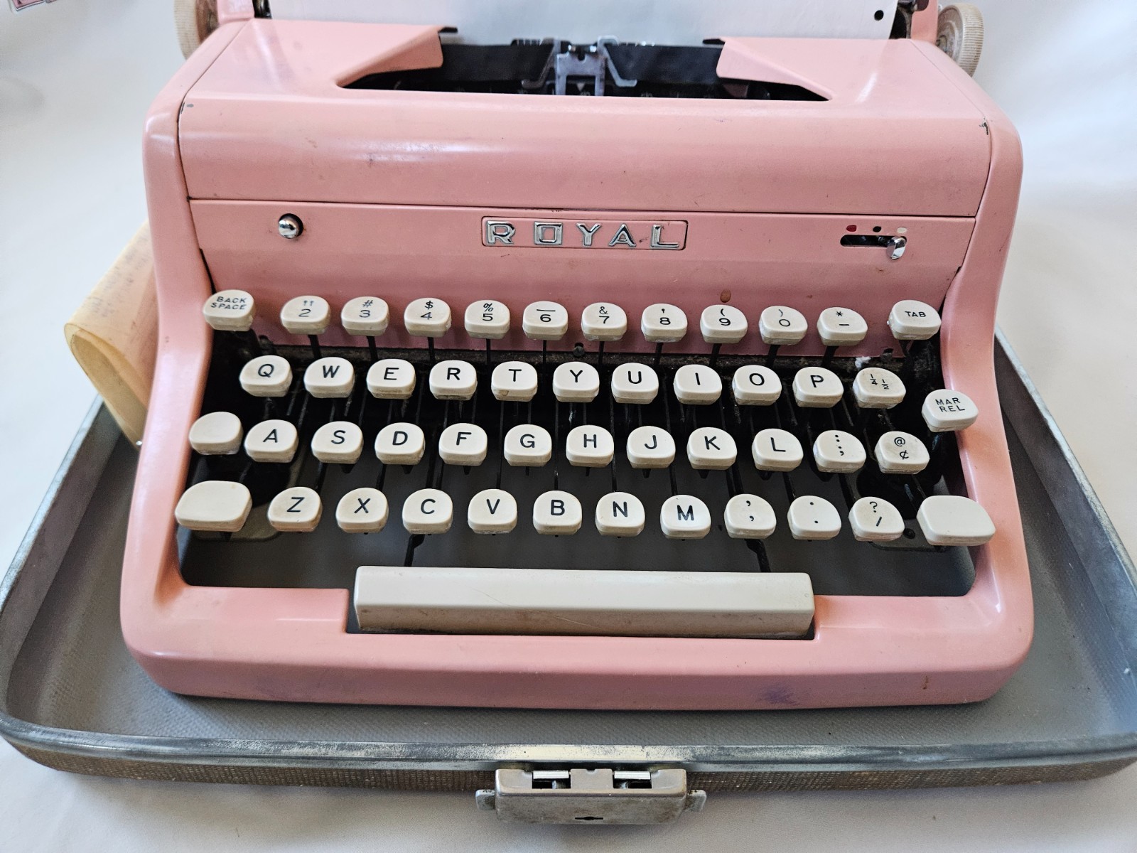 Authenic 1950s Bubble Gum Pink Royal Quiet DeLuxe Typewriter with Carrying Case