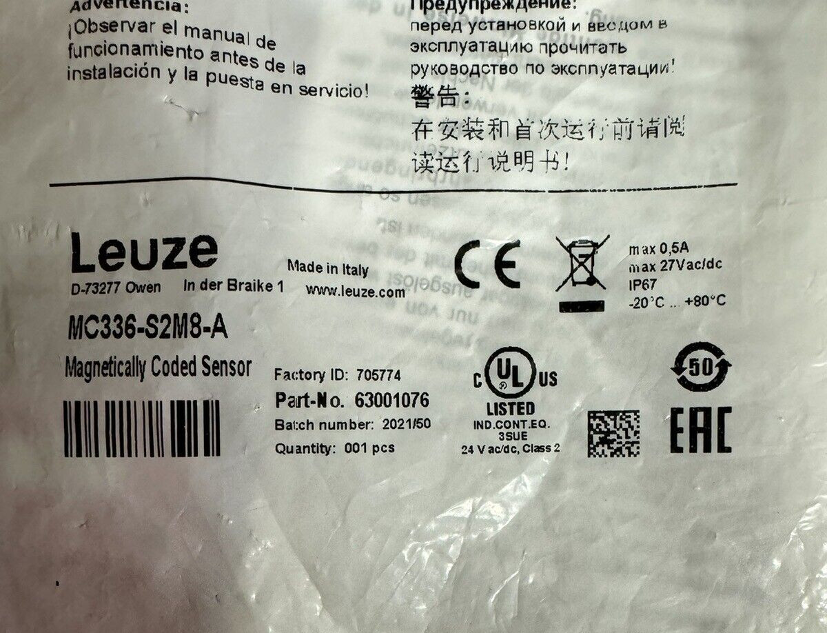 LEUZE MC336-S2M8-A / MC336S2M8A MAGNETIC CODED SENSOR 63001076 MC336-S2-A