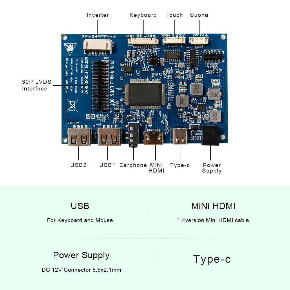 HDMI USB-C Type-C LCD Controller Board For 1366×768 40Pin LCD Screen LP156WH4-TL
