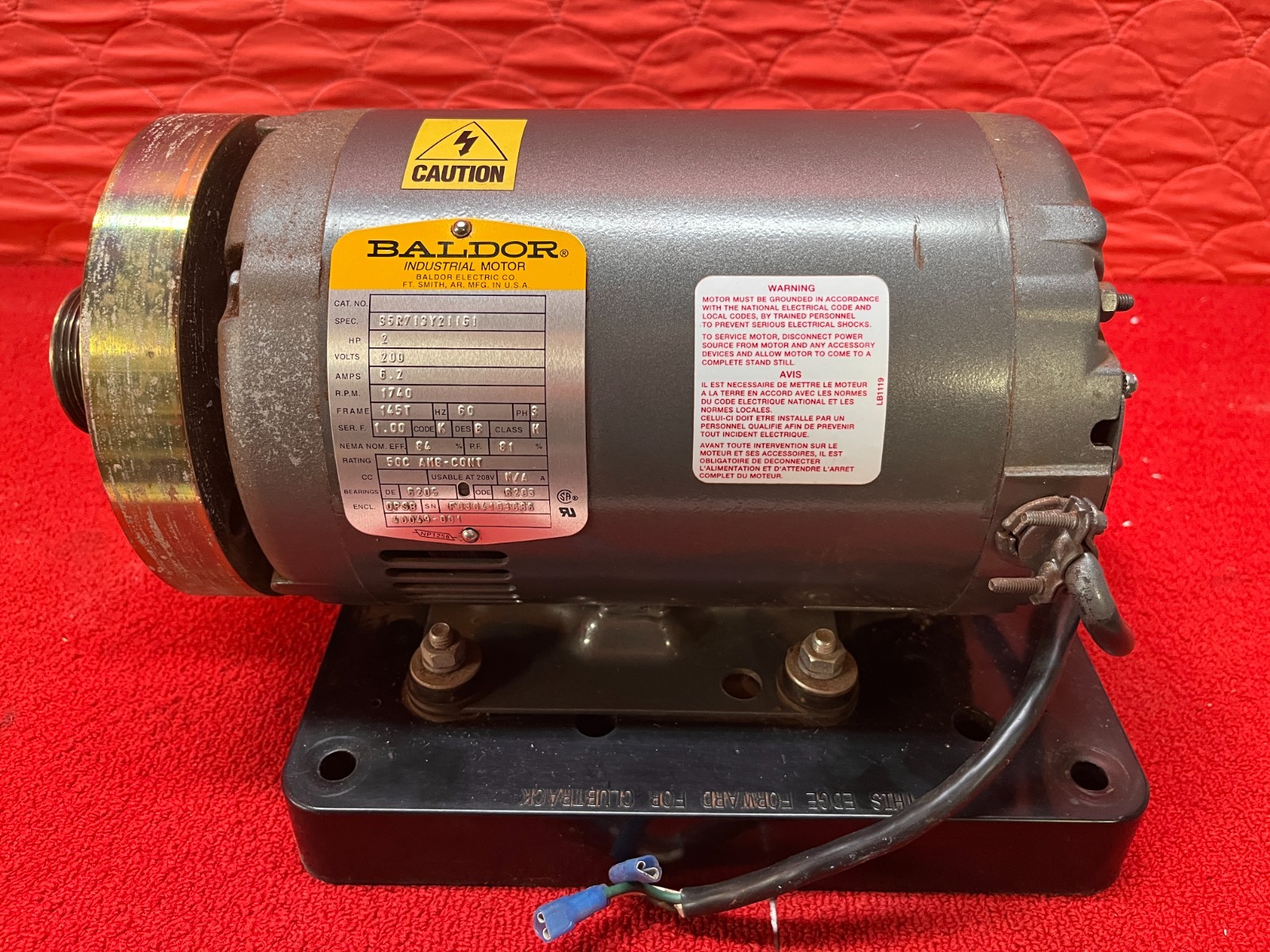 Used Baldor-Reliance Industrial Motor 2 HP 1740RPM 200V 6.2A Good Condition