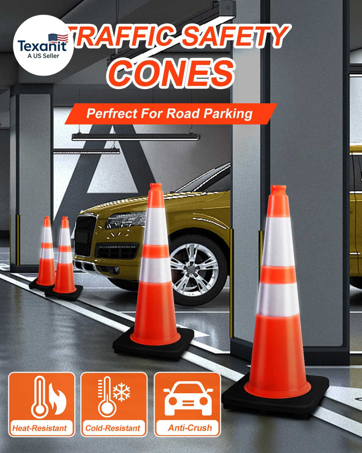 (8 Cones) 28” Inch Orange PVC Traffic Cones, Black Base Construction Safety Con
