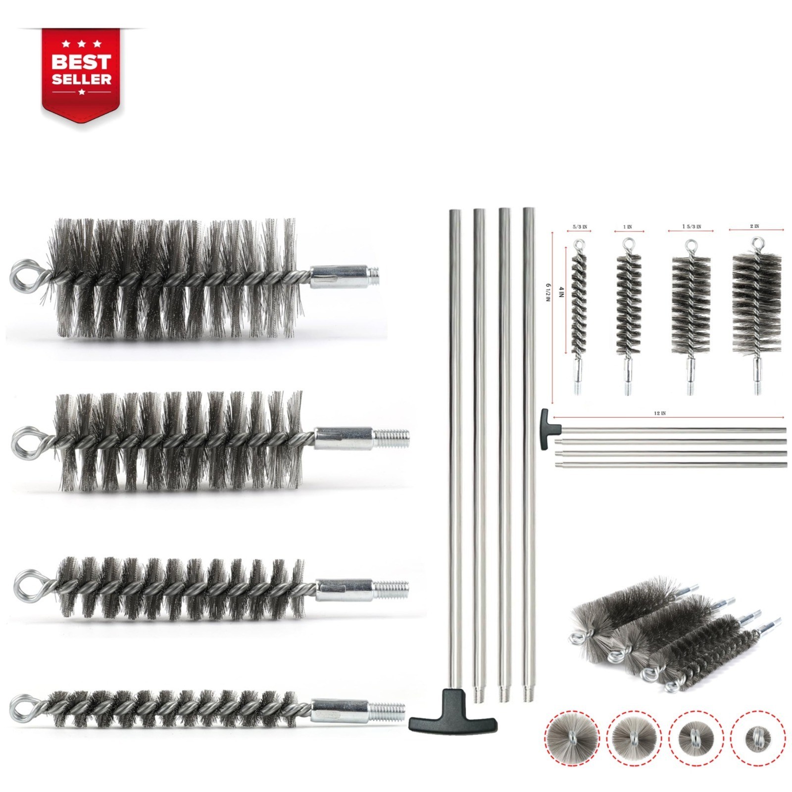 50″ Pipe Cleaning Brush Set with Stainless Steel Bristles – 4 Pcs