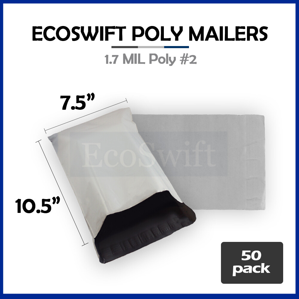 50 7.5 x 10.5 EcoSwift White Poly Mailer Shipping Envelope Self Seal Bags 1.7MIL