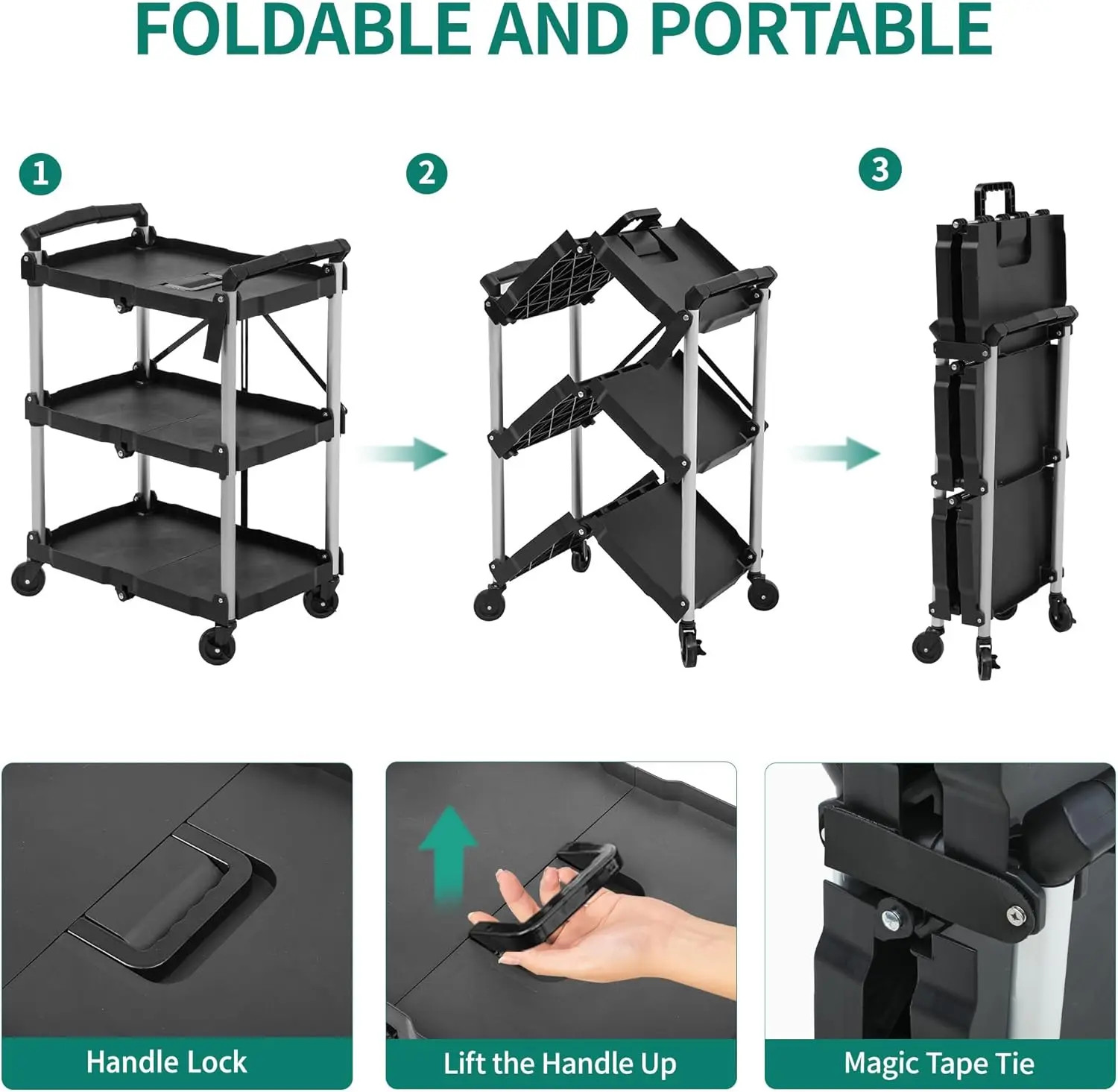 300 LBS 3 Tier Folding Service Cart Portable Cart w/Wheels&Tool Side Mount Strap