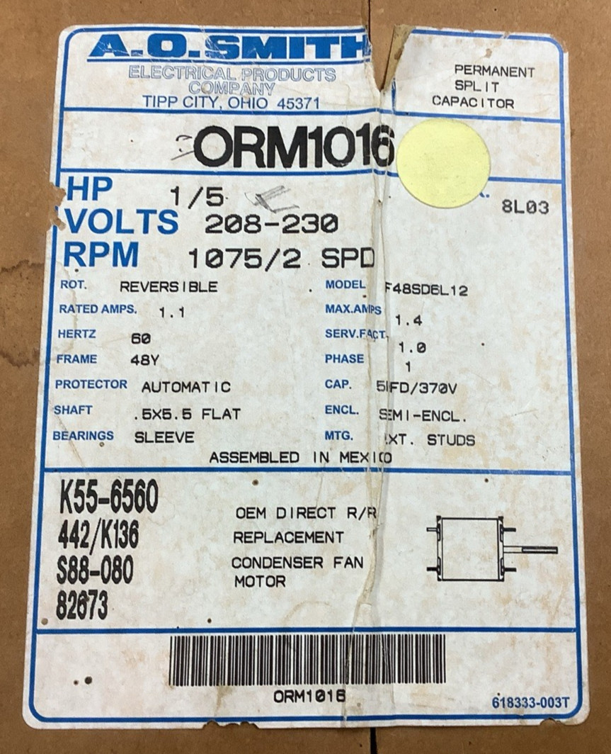 A.O. Smith ORM1016 F48SD6L12 Condenser Motor 1/5HP 208-230V(F15)