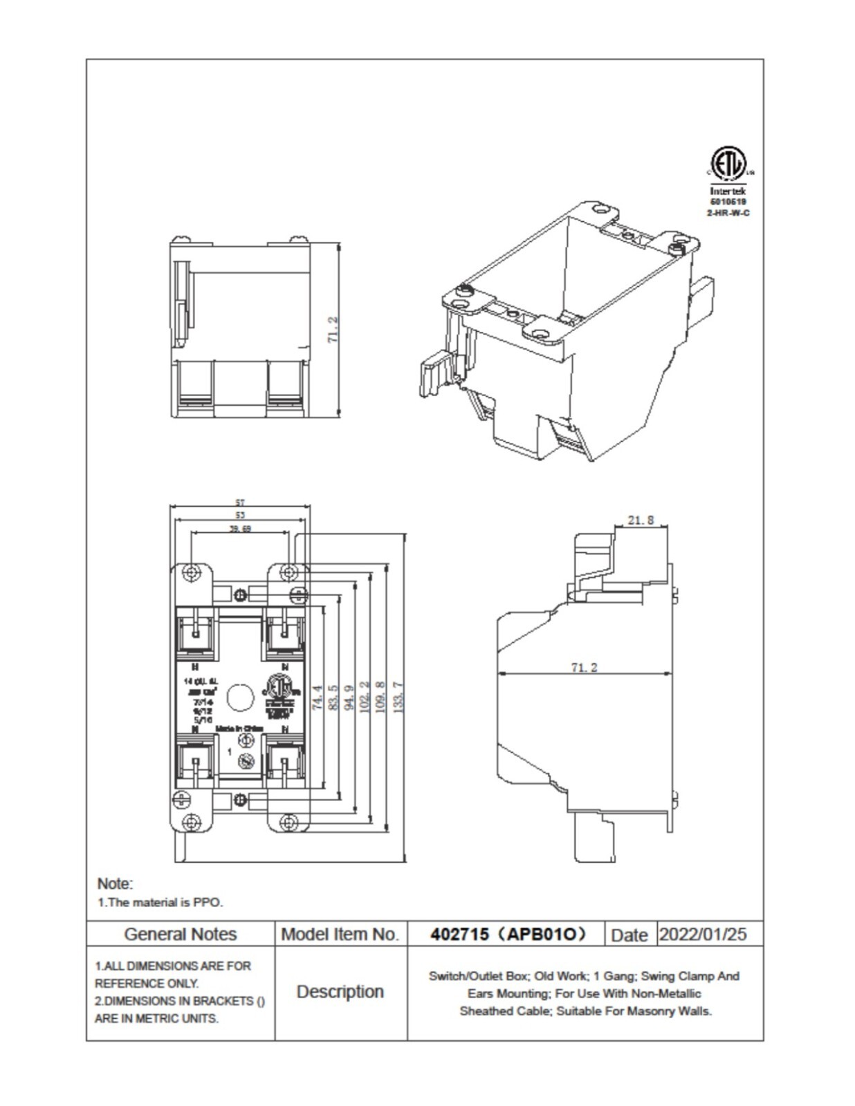 10-Pack 1-Gang Electric Outlet/Switch Box 14 Cu In ETL Old Work Remodel Blue