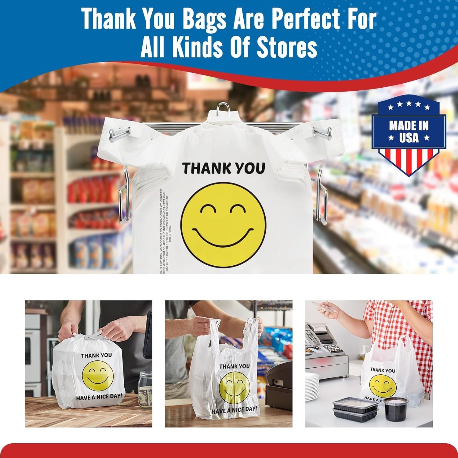 2000 Thank you T-Shirt Bags 1/6 12″ x 6.5″ x 21″, Plastic Grocery Shopping Bags