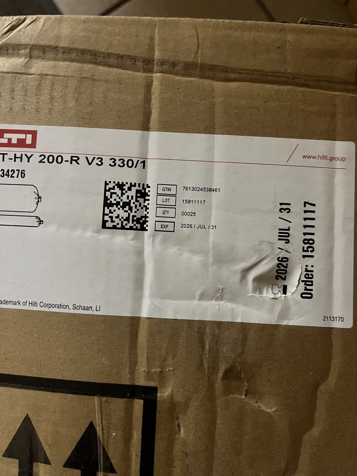 Hilti Injectable Mortar Epoxy Hybrid adh HY 200-R – 11.1 Oz Cart- CASE of 25