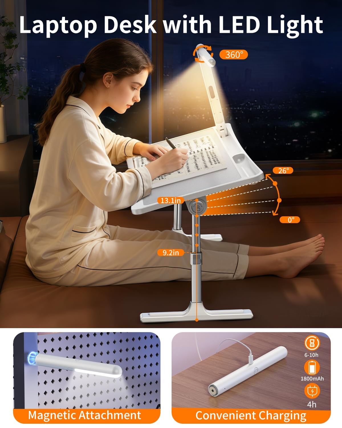 Laptop Desk Bed Table with LED Light,Adjustable Lap lapdesk light, White
