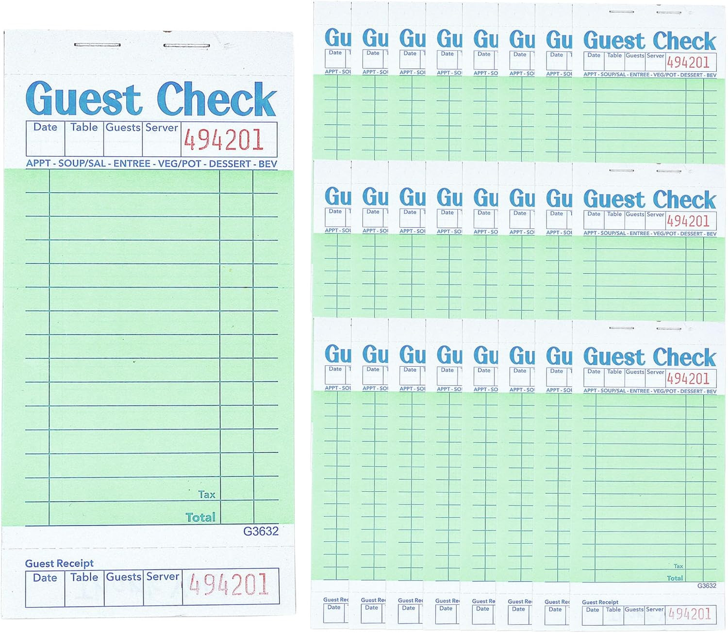 Budgenix Guest Checks Server Note Pads 24 Pack 1200 Orders, Green Guest Check Pa