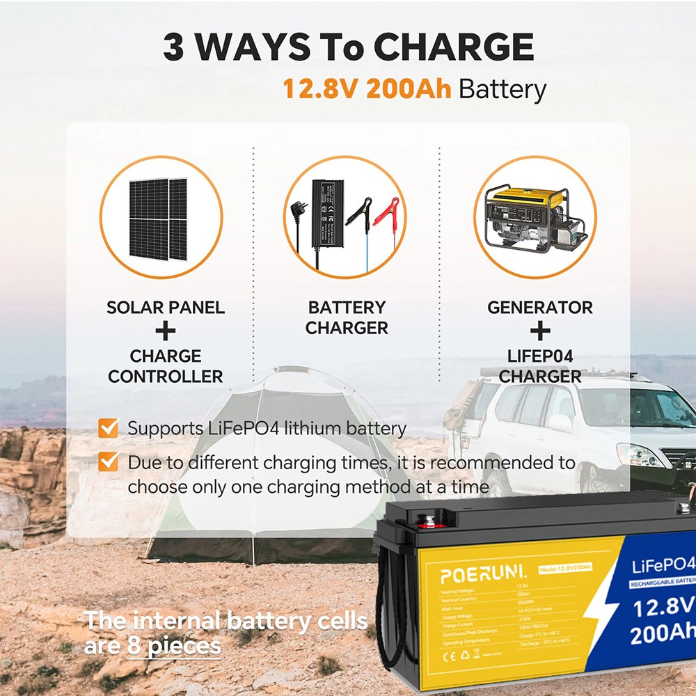 12V 200Ah LiFePO4 Lithium Battery Deep Cycle Built-in BMS for Solar RV Off-Grid
