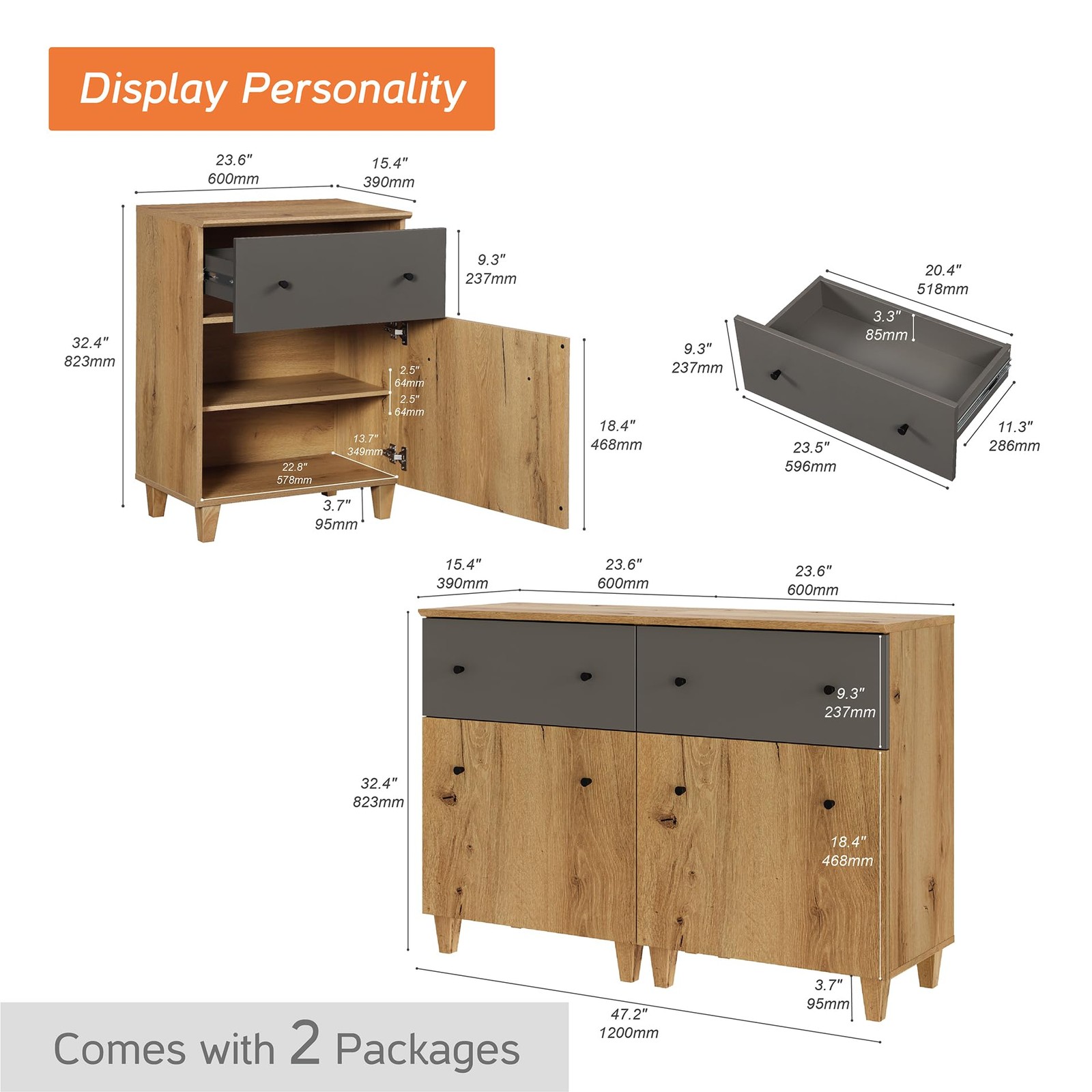 Set of 2 Storage Sideboard Cabinets Adjustable Shelves Oak Brown Dark Grey