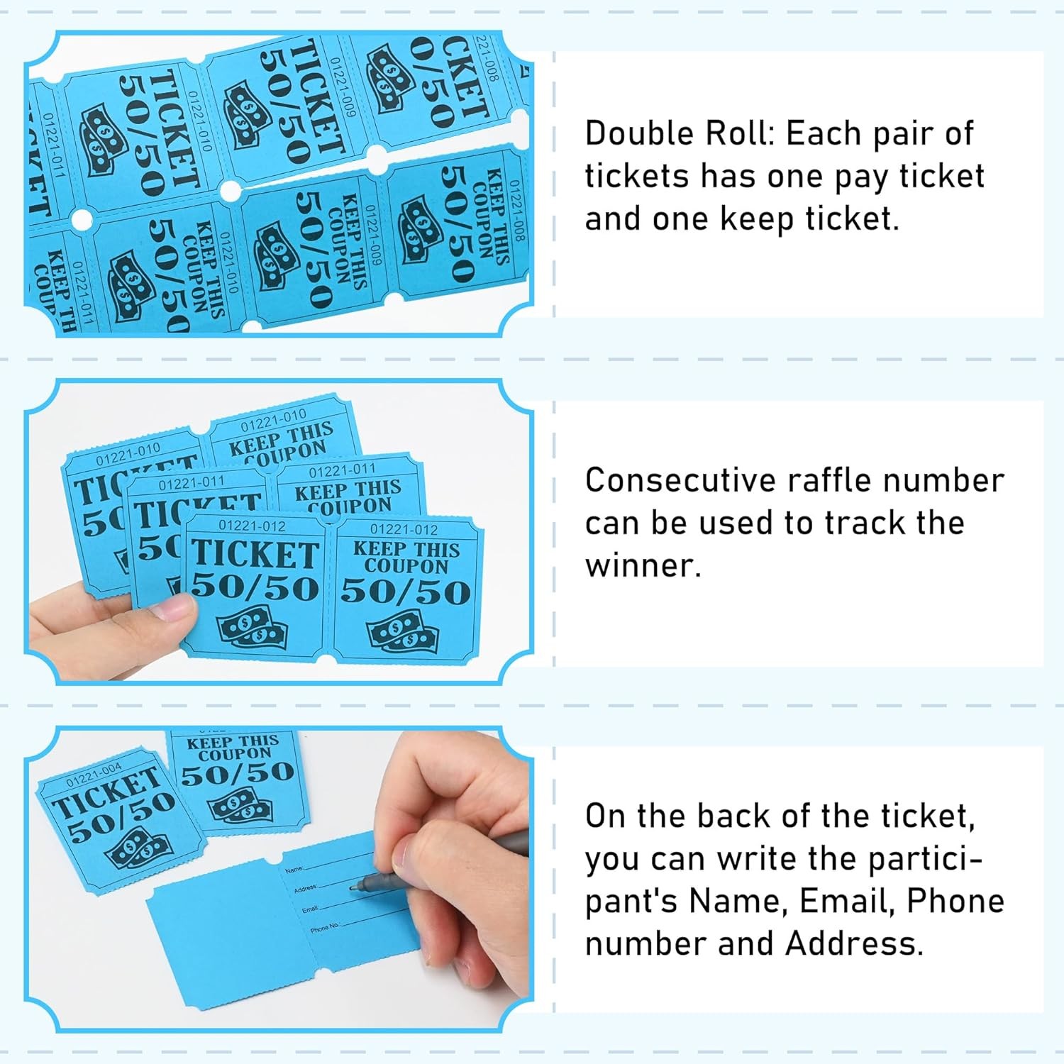 ESSENTIAL 500 Double Roll Raffle Tickets, 50/50 Cards, Entry Form Blue