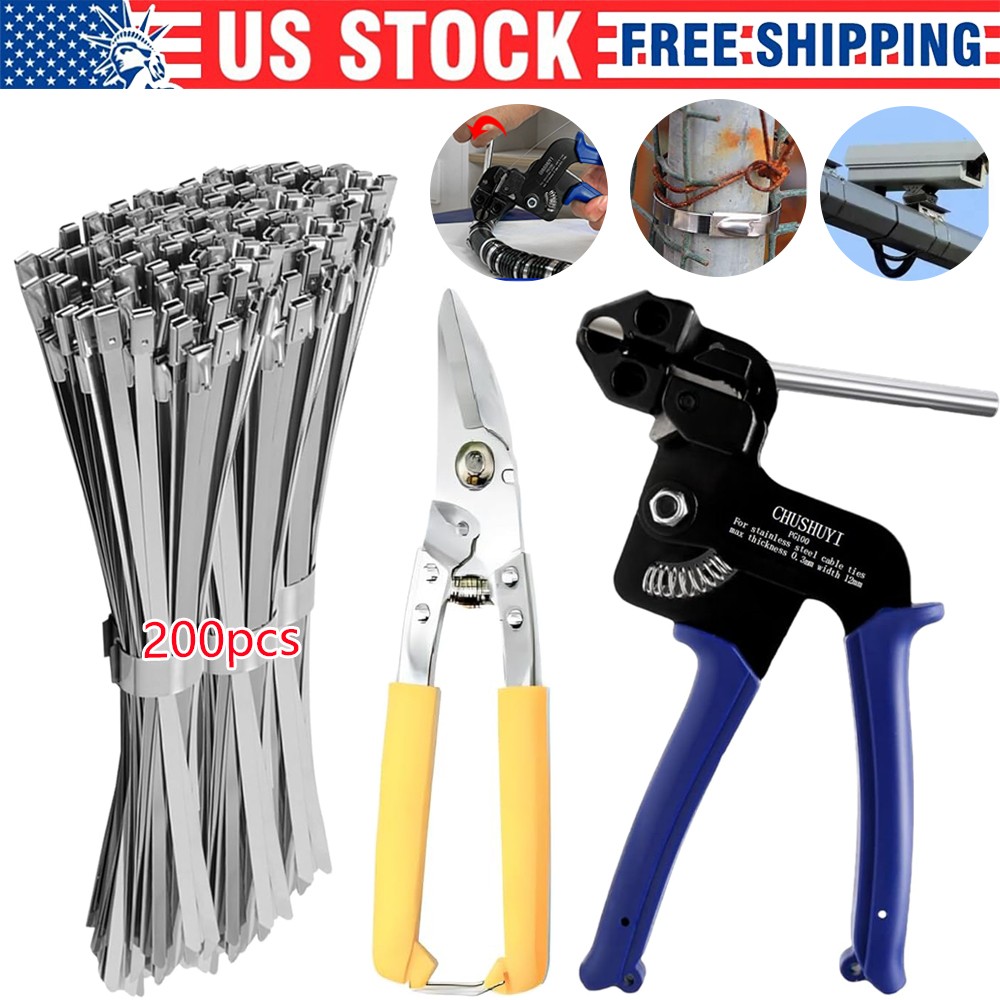 200pcs Metal Zip Ties with Stainless Steel Cable Tie Gun Special Tool For Silver