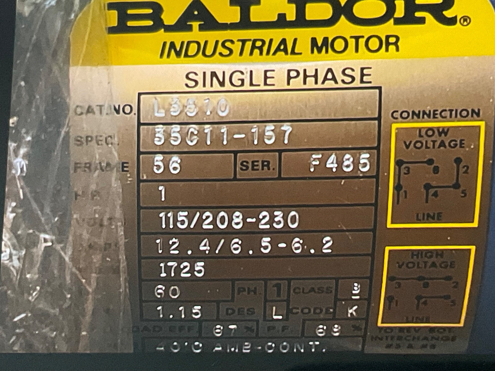 NEW CONDITION Baldor L3510T 1HP, 1725RPM, 1PH, 60HZ, Still in wrapper.