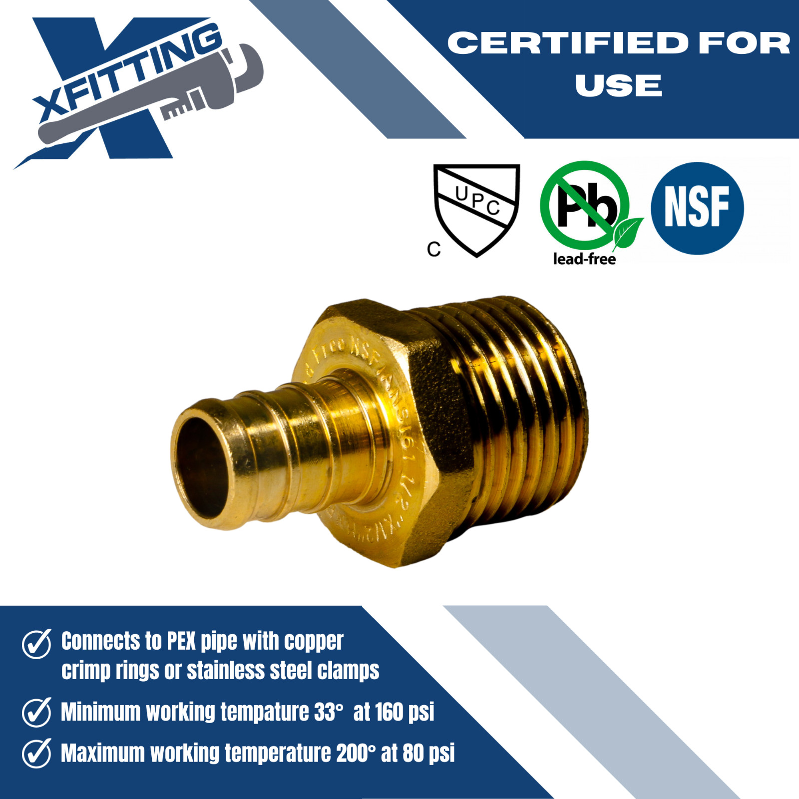5) 1/2″ PEX X 1/2″MALE NPT THREADED ADAPTER, PEX B CRIMP FITTING LEAD FREE BRASS