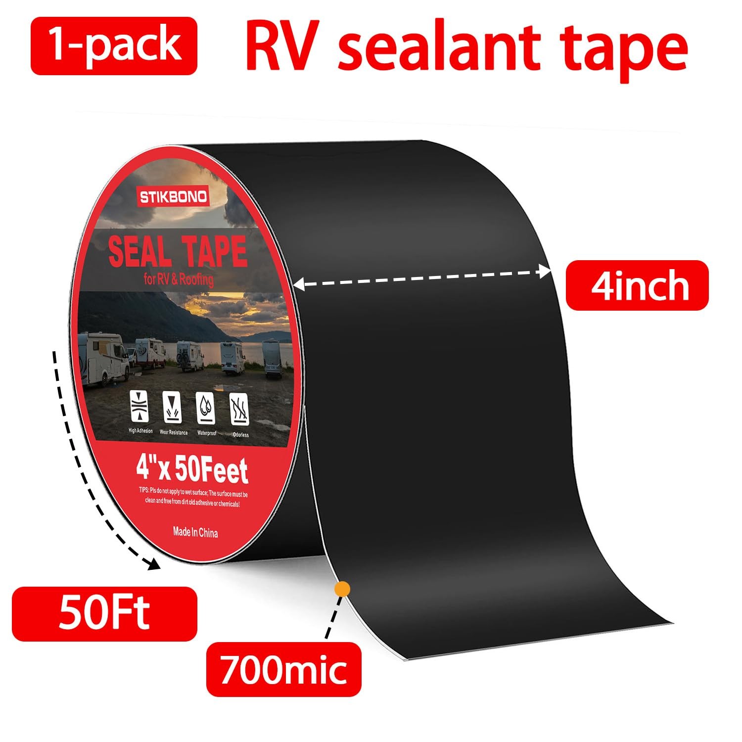 4″ x 50Ft 1-Pack Black RV Sealant Tape,Waterproof Commercial Roof Tape for Wa
