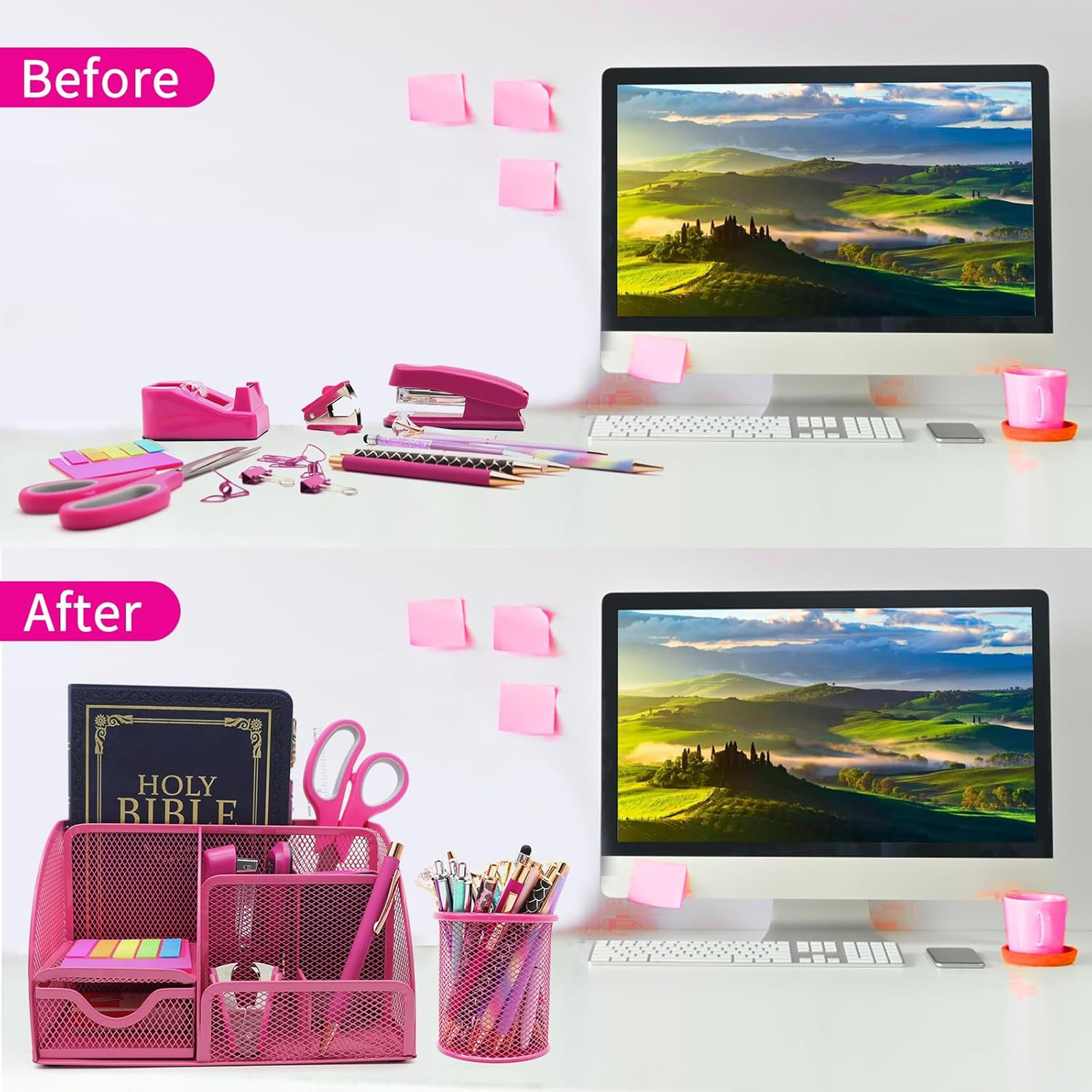 12 in 1 Desk Organizer Set Hot Pink Office Supplies for Women and Coworkers Gift