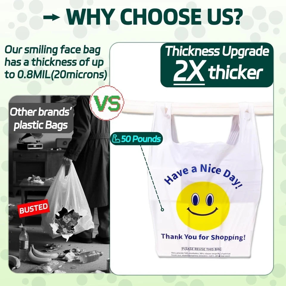 100 White Heavy Duty Thank You Plastic T-Shirt Shopping Bags, 0.8 Mil 11x6x21″