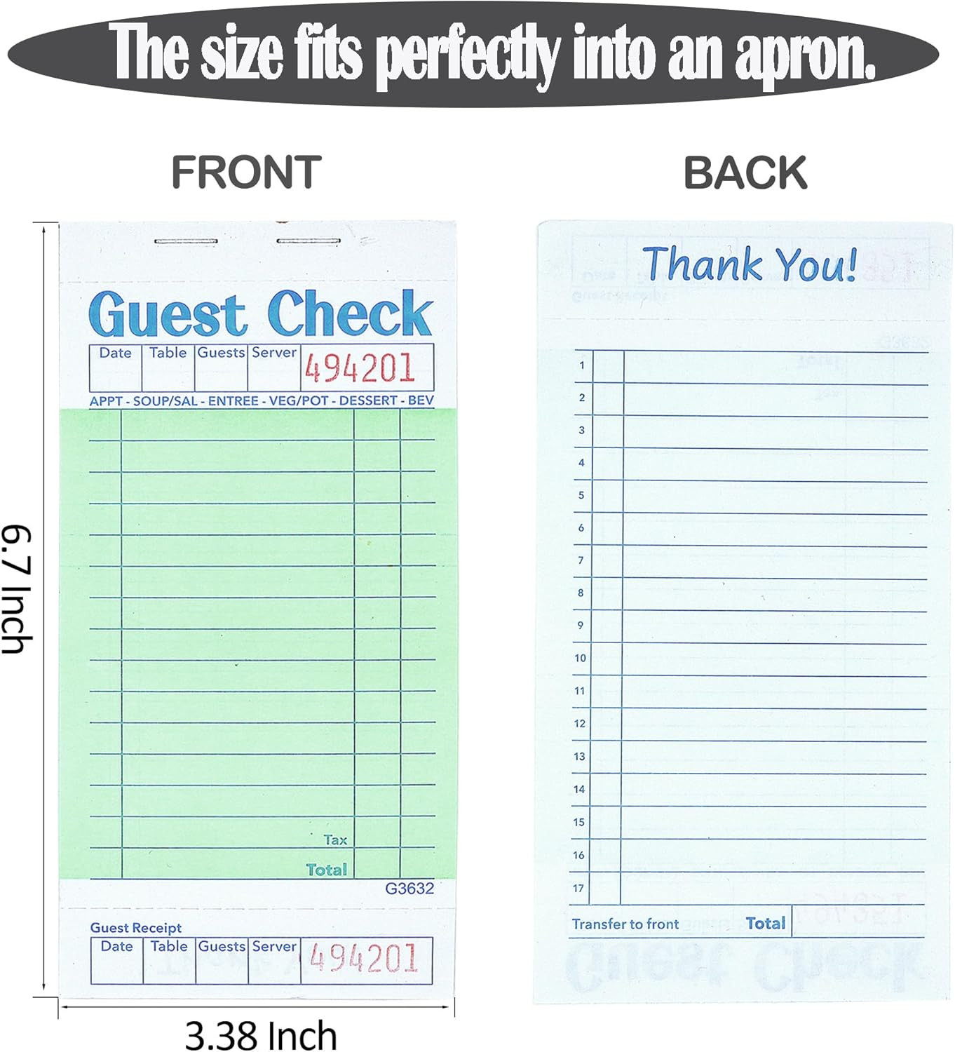 Budgenix Guest Checks Server Note Pads 24 Pack 1200 Orders, Green Guest Check Pa