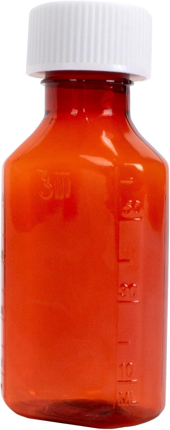 Plastic Amber Oval Liquid Medicine Bottles, Child Resistant Cap, 2oz, 25 Count