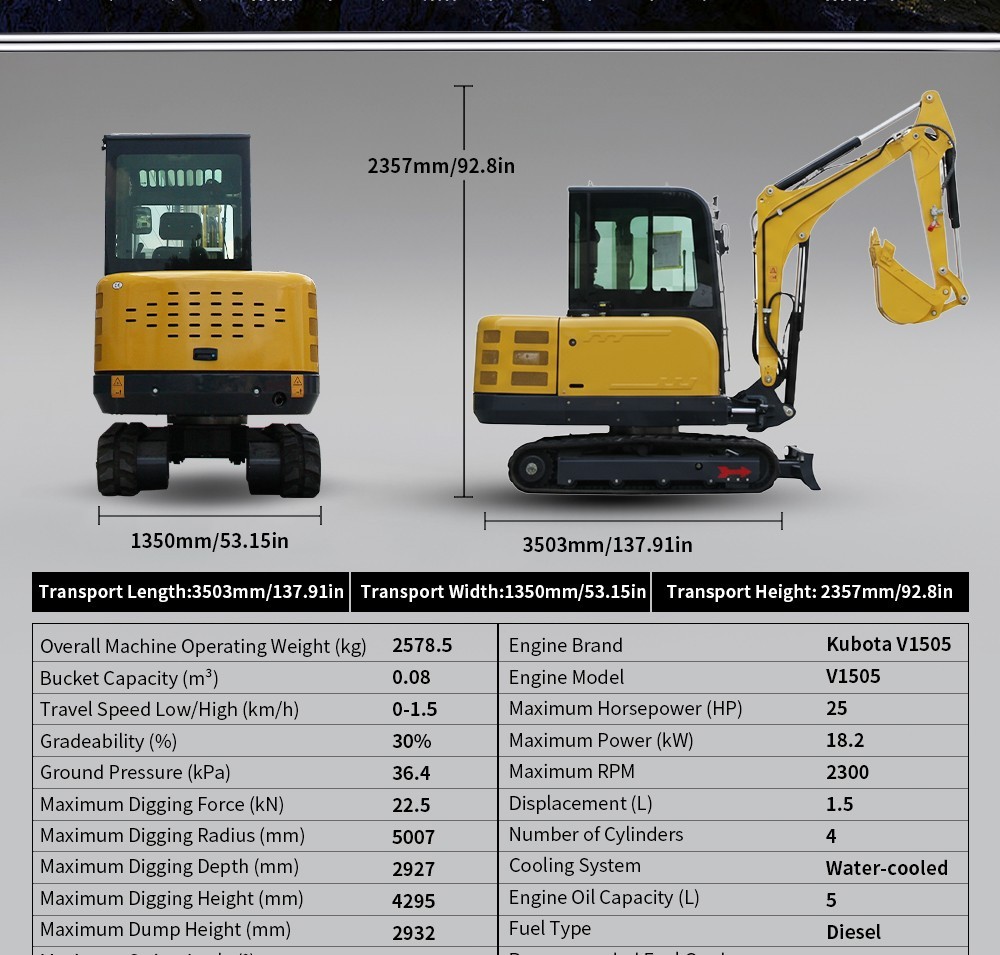 3.5 Ton Mini Excavator Kubota V1505 Cab AC Boom Swing Hydraulic Pilot EPA 25HP