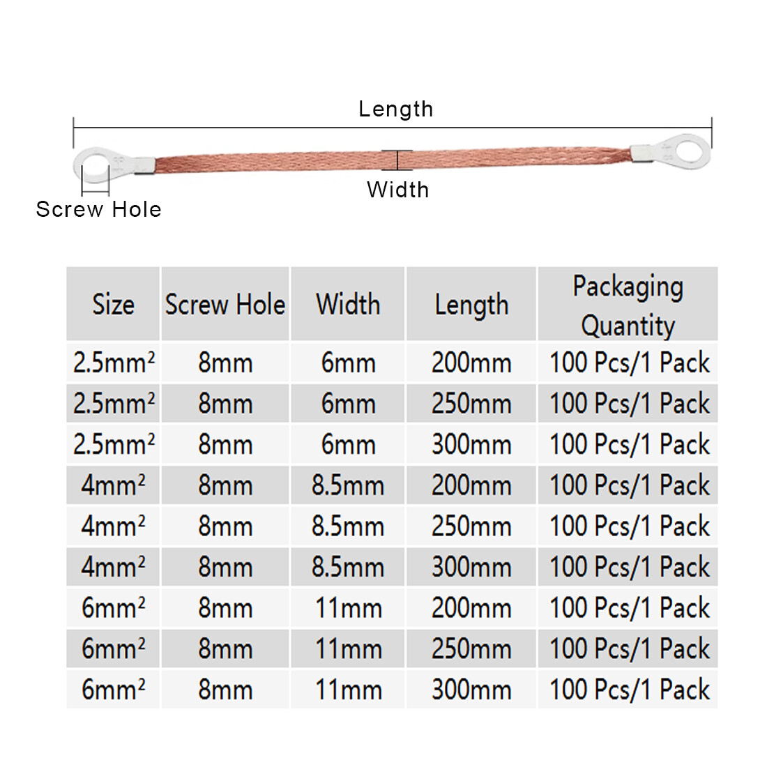 100x Battery Lead Earth Strap Leng 200/250/300mm Flexible Cable Tin Copper Braid