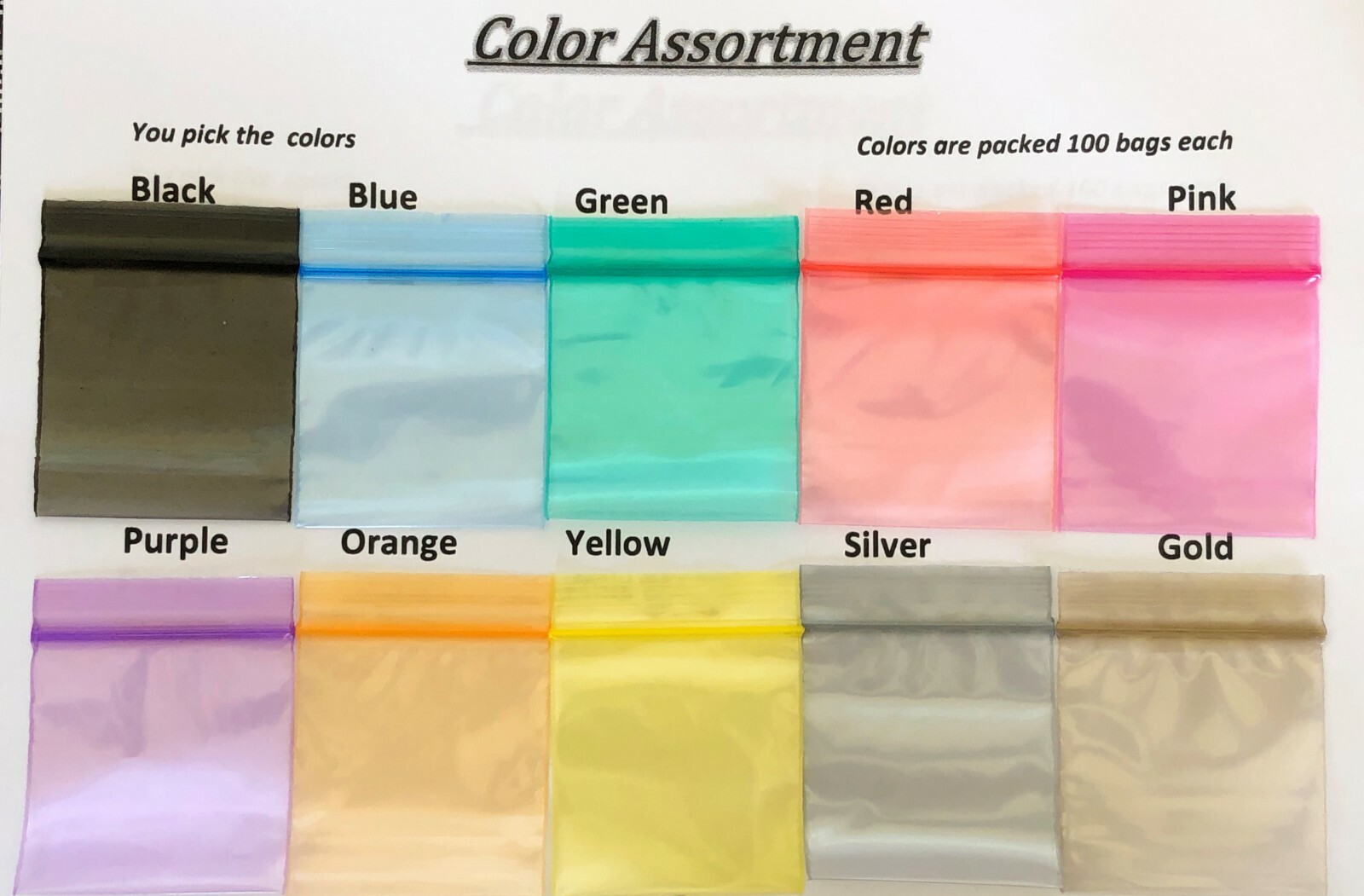 100 SMALL BAGGIES 125125 ALL COLORS MINI Resealable POLY BAGS