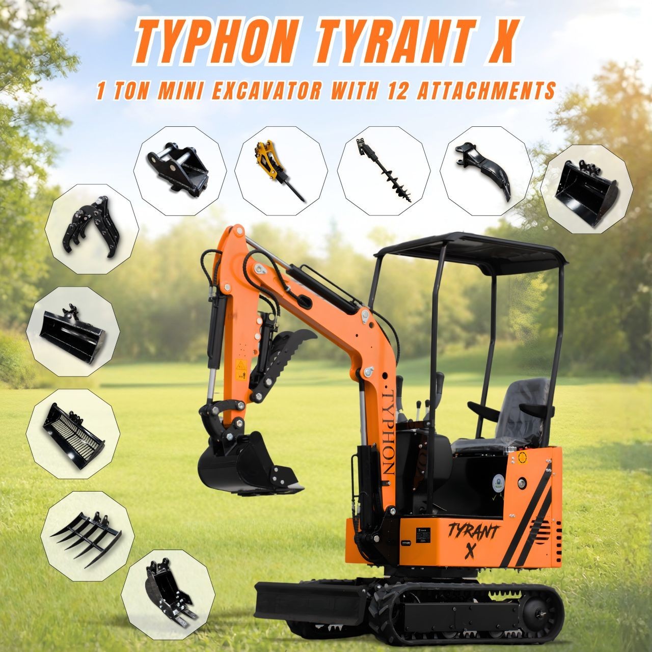 Free Ship TYPHON TYRANT X 1Ton Mini Excavator USA 13.5HP include 12 Attachments