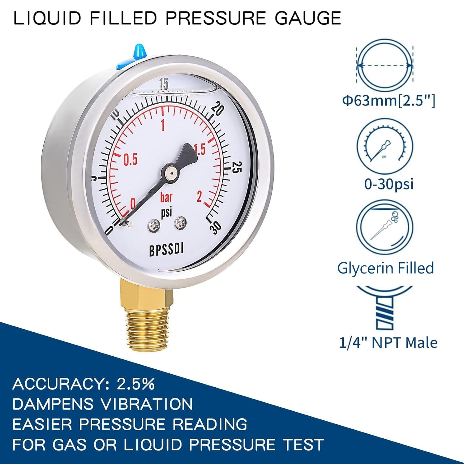 Glycerin Liquid Filled Low Pressure Gauge, 2.5″ Dial Size, 1/4″ NPT Lower Mount