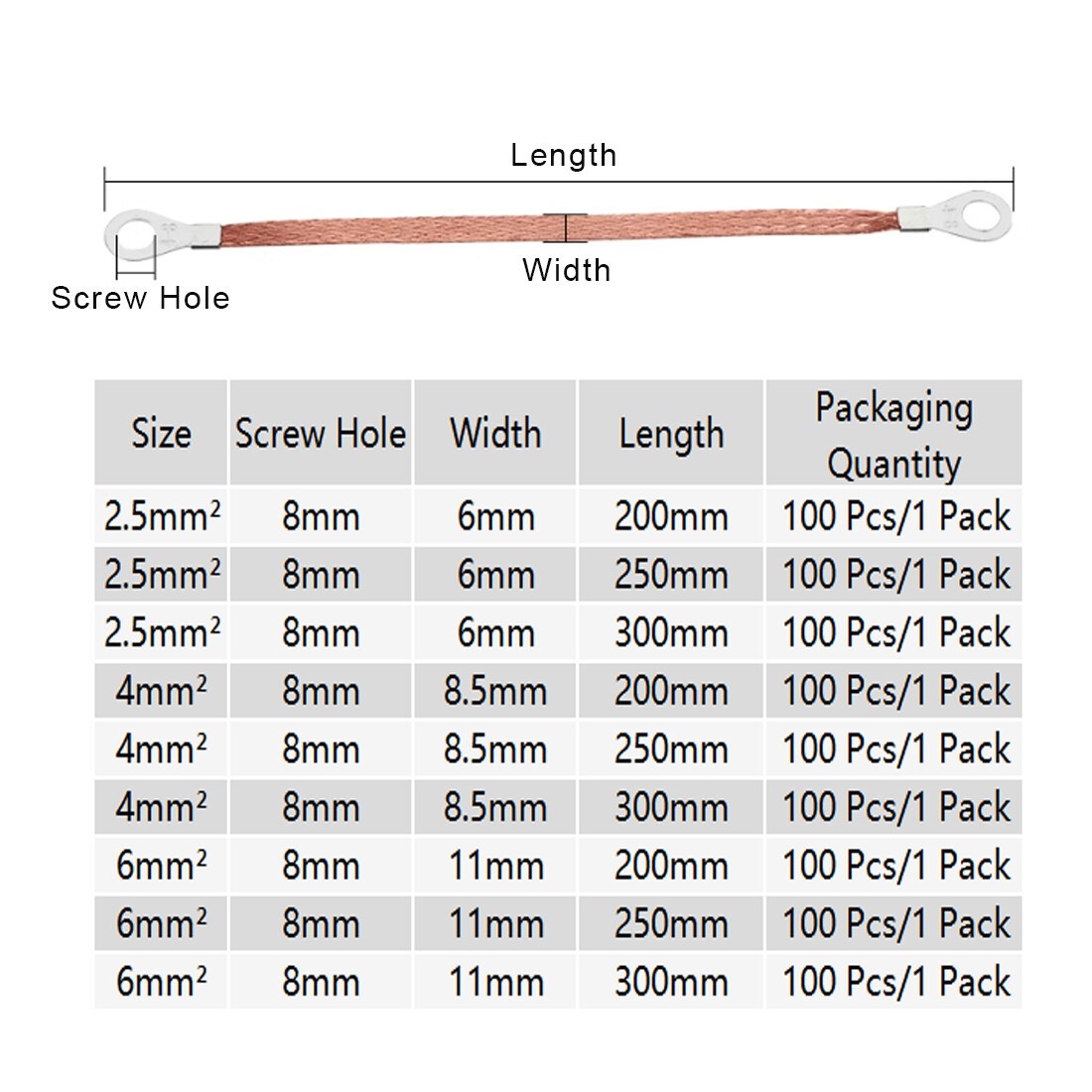100x Battery Lead Earth Strap Leng 200/250/300mm Flexible Cable Tin Copper Braid