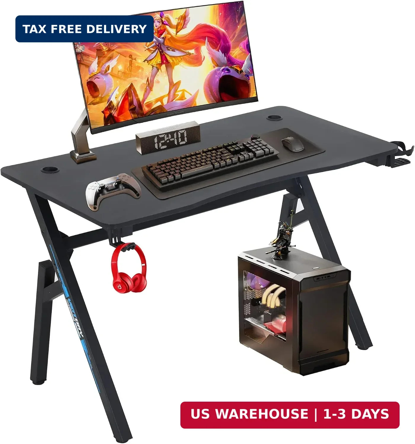 47″ Gaming Table | Blue | R-Shaped Computer Desk | with Steel Frame, Headphone H